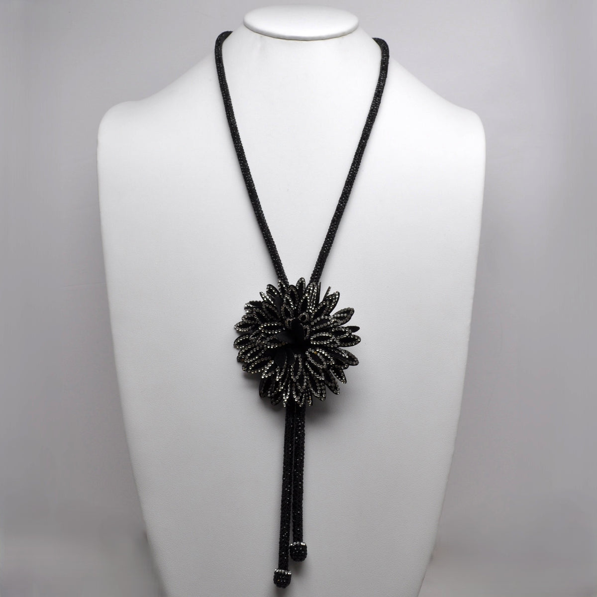Black Rhinestone Flower Bolo Tie Lariat Necklace