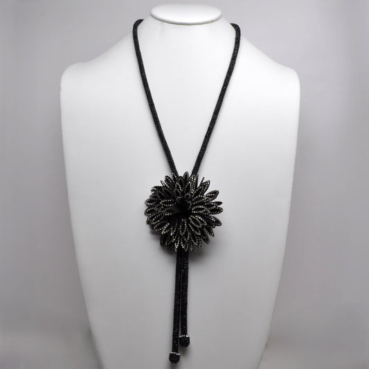 Black Rhinestone Flower Bolo Tie Lariat Necklace