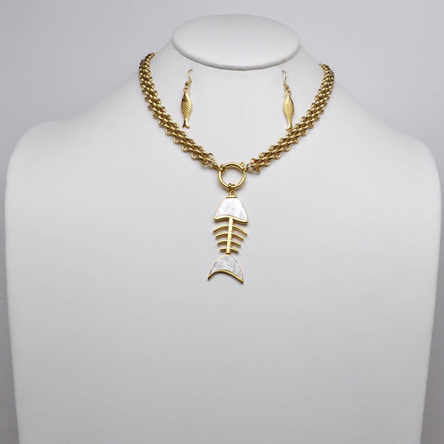 Mother of Pearl Fish Skeleton Multi-Strand Chain Necklace Set