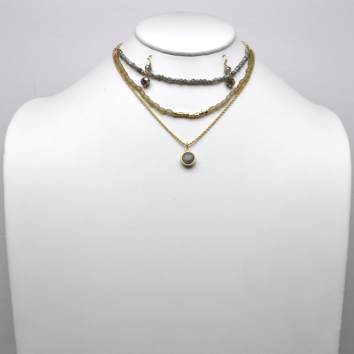 Layered Beaded Gemstone Pendant Necklace Set