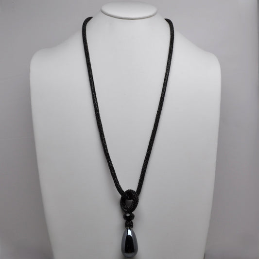Black Rhinestone Mesh Lariat Teardrop Necklace