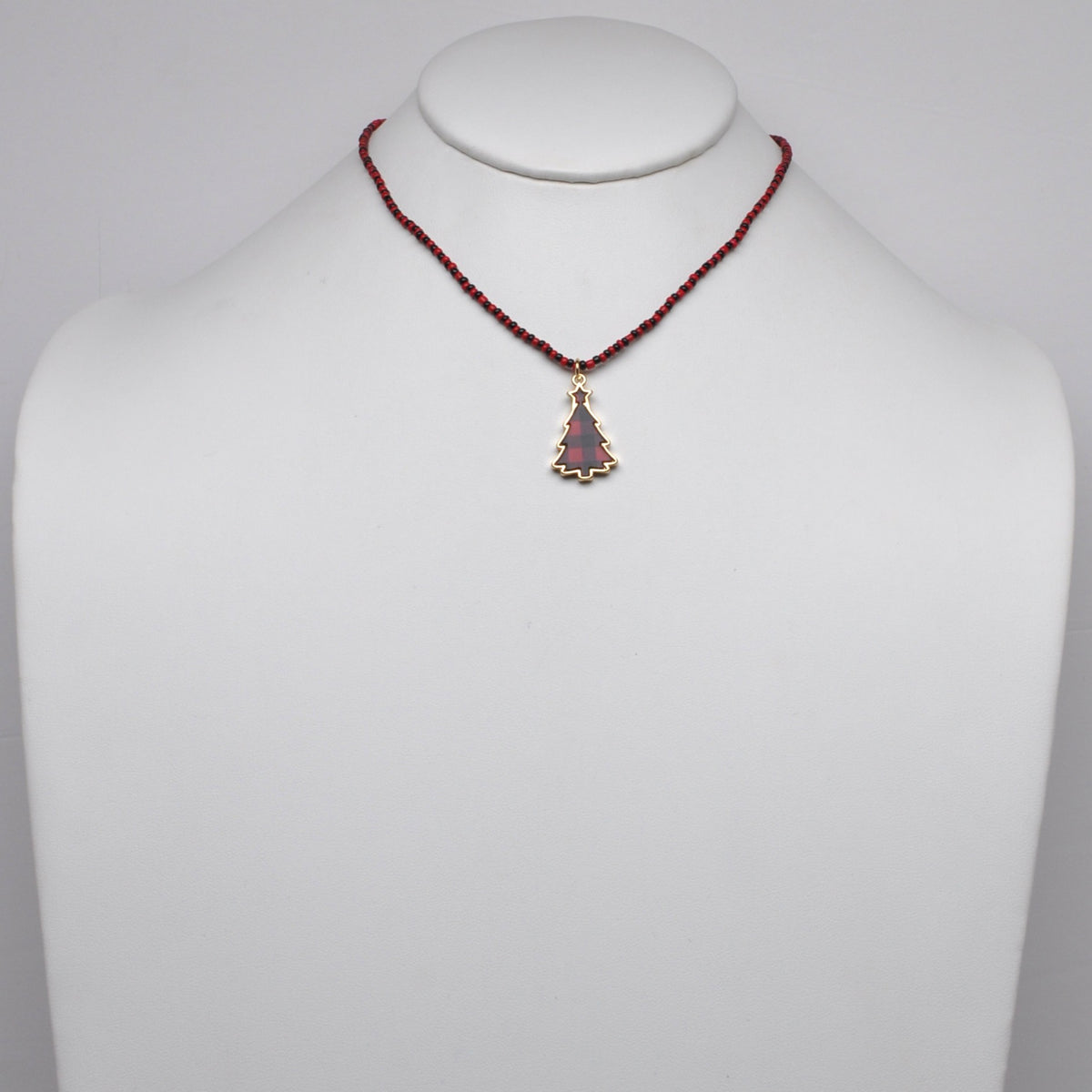 Buffalo Plaid Christmas Tree Charm Beaded Necklace