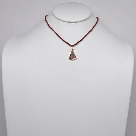 Buffalo Plaid Christmas Tree Charm Beaded Necklace