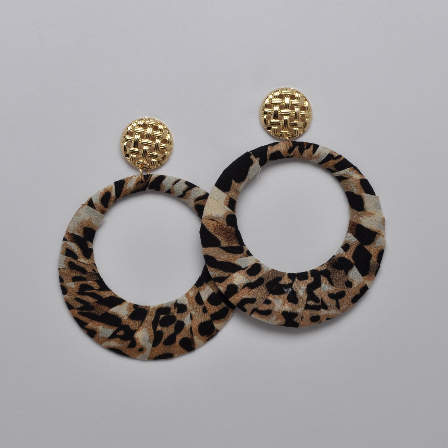 Leopard Print Fabric-Wrapped Open-Disc Statement Earrings
