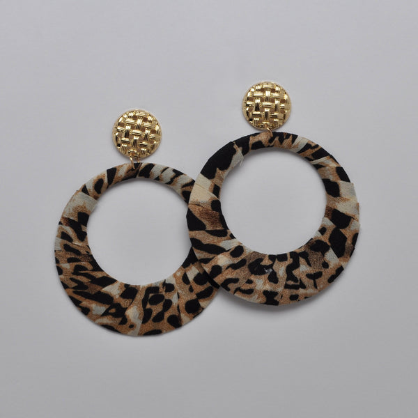 Leopard Print Fabric-Wrapped Open-Disc Statement Earrings
