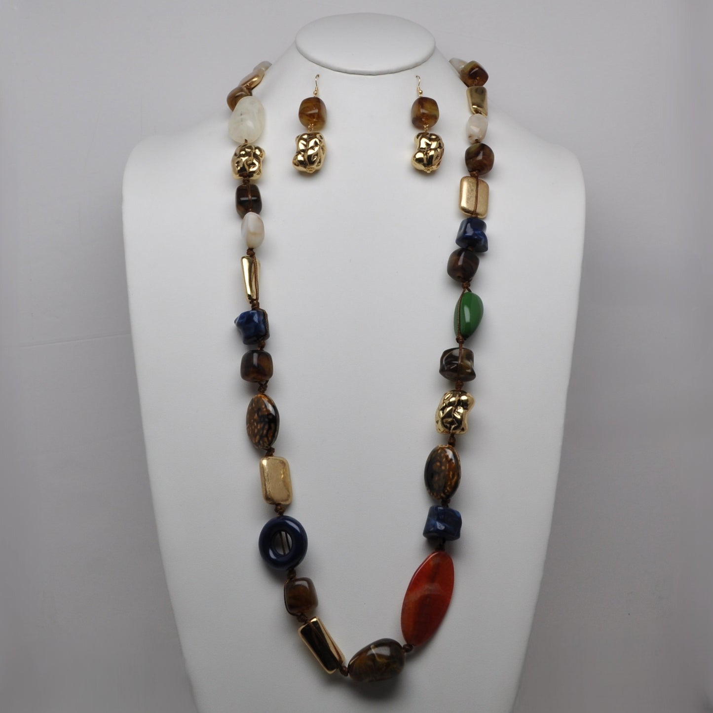 Mixed Multi-Shape Resin Textured Metallic Bead Long Necklace Set