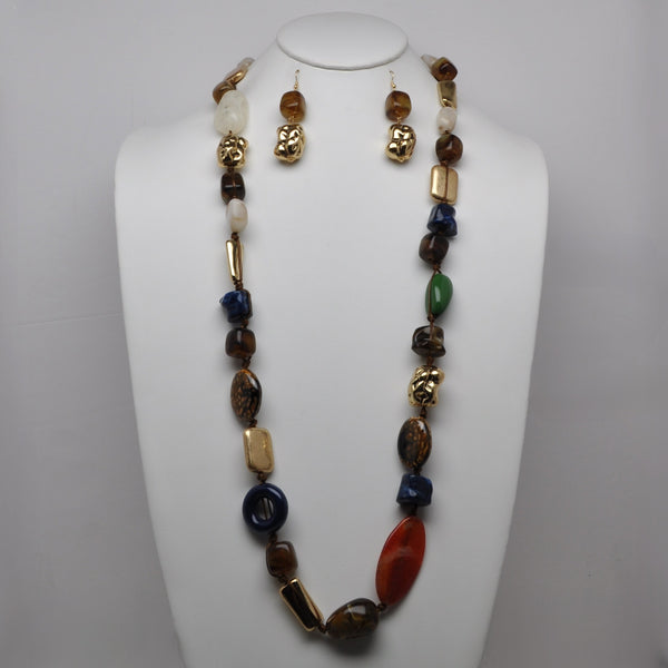 Mixed Multi-Shape Resin Textured Metallic Bead Long Necklace Set