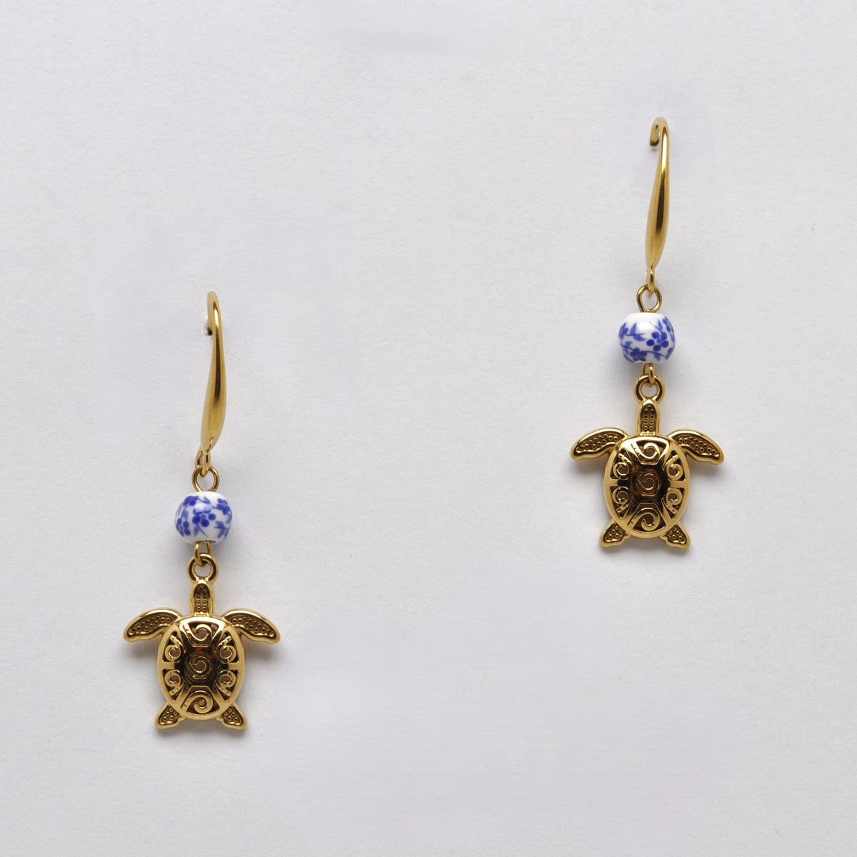 Stainless Steel Porcelain Bead Turtle Drop Earrings