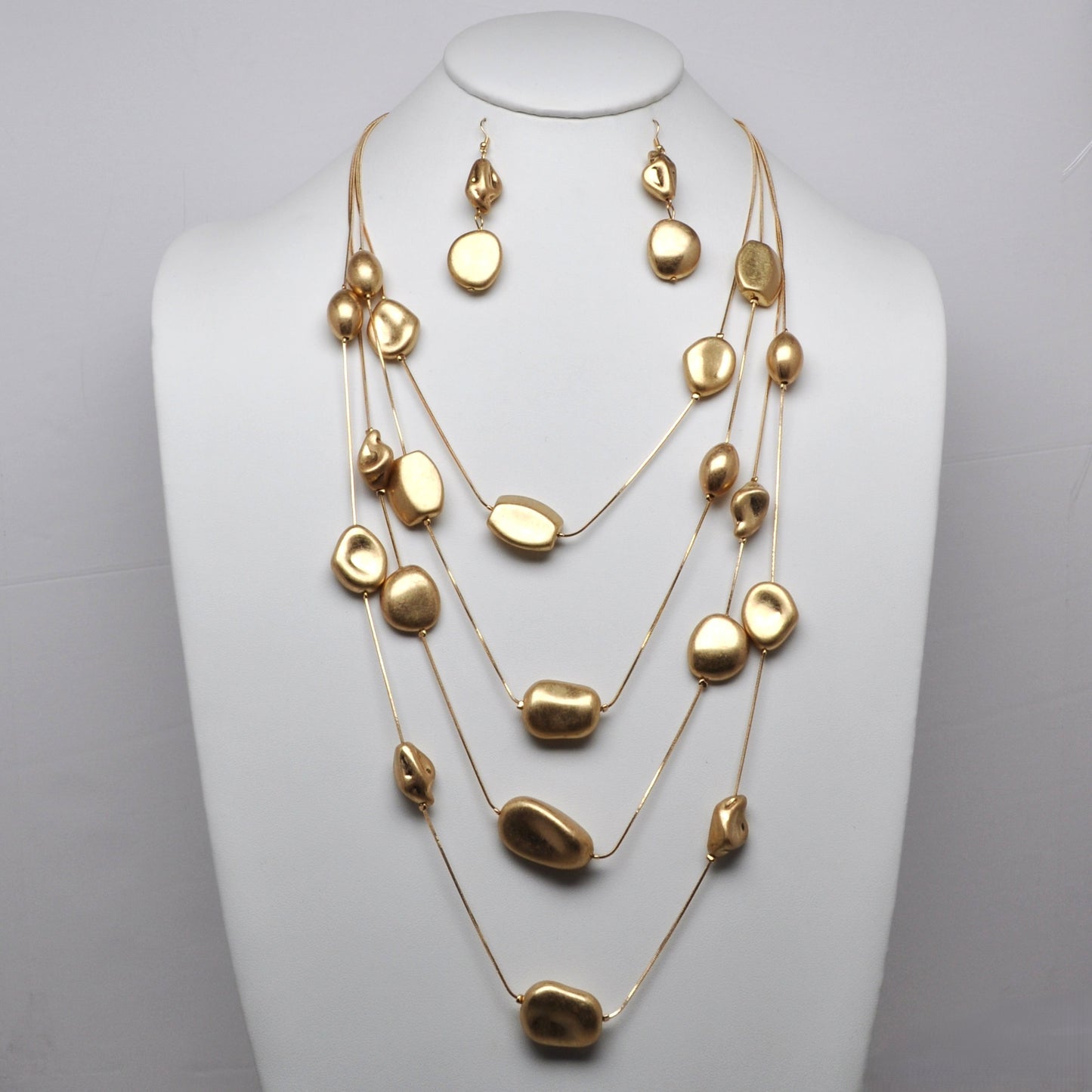 Multi-Strand Matte Metallic Organic Nugget Layered Necklace Set