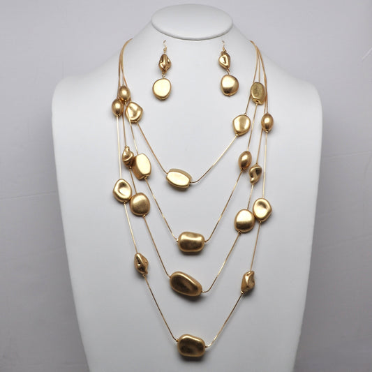 Multi-Strand Matte Metallic Organic Nugget Layered Necklace Set