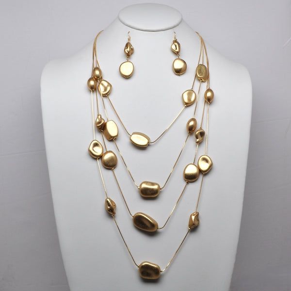 Multi-Strand Matte Metallic Organic Nugget Layered Necklace Set
