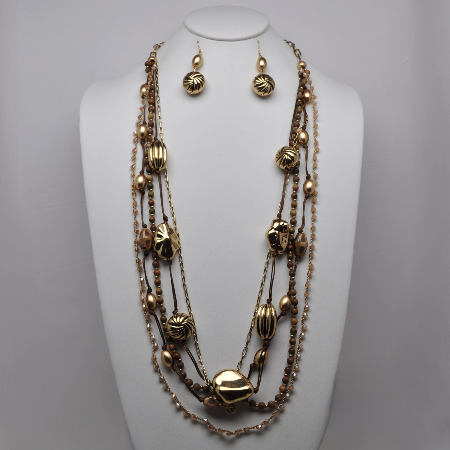 Multi-Strand Mixed Textured Metallic Bead Layered Necklace Set