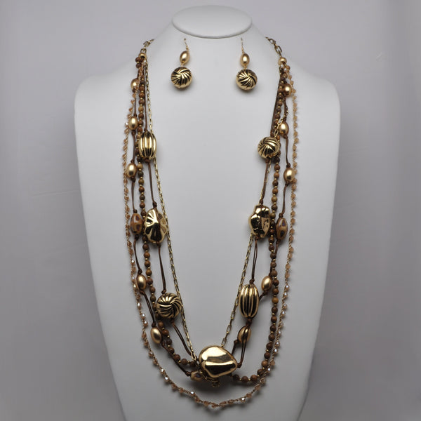Multi-Strand Mixed Textured Metallic Bead Layered Necklace Set