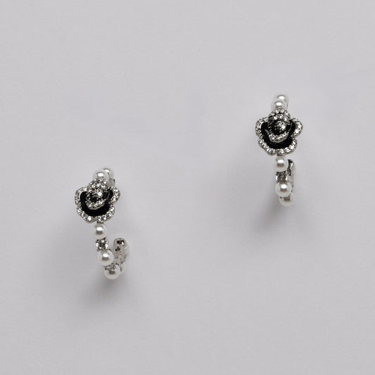 Black Enamel Rose Hoop Earrings