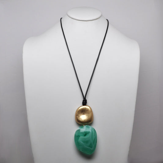 Hammered Metallic Element Marbled Resin Pendant Cord Necklace