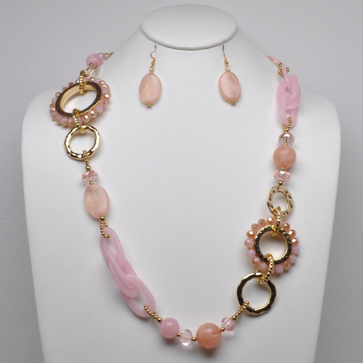 Long Crystal Beaded Lucite Metal Links Necklace Set