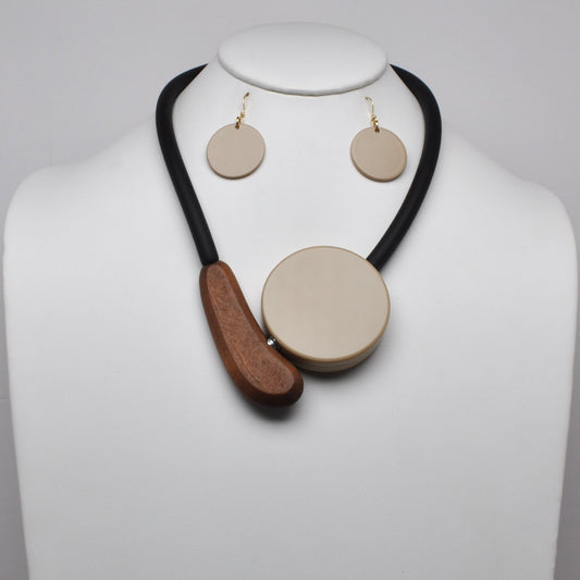 Geometric Disc and Curved Wood Magnetic Rubber Cord Necklace Set