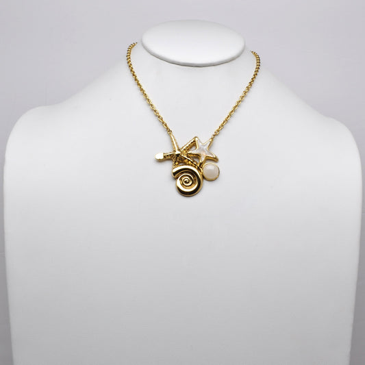 Stainless Steel Seashell Starfish Charm Cluster Necklace