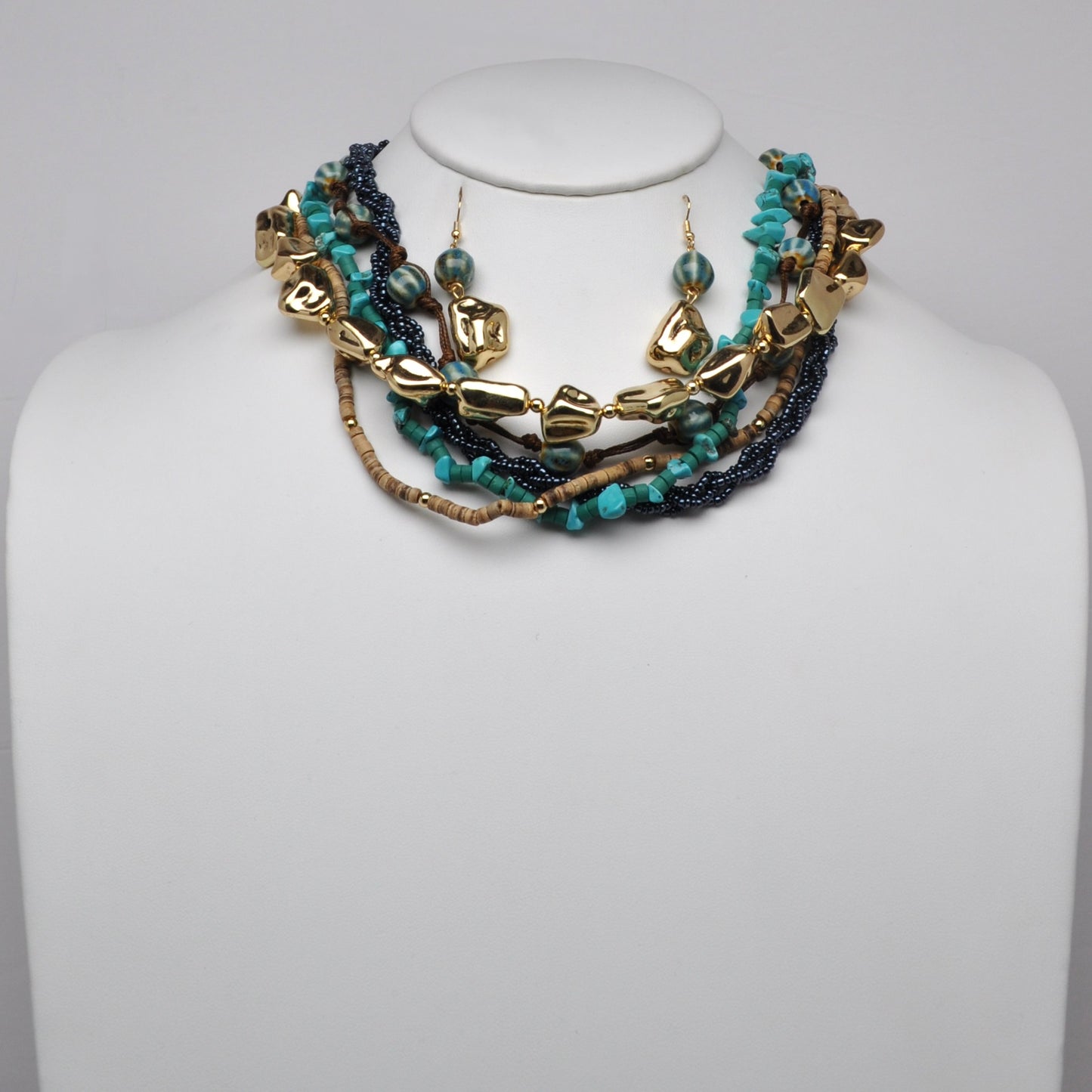 Multi-Strand Mixed Bead and Chunky Nugget Necklace set