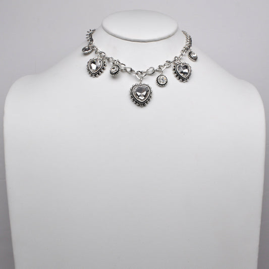 Crystal Heart Round Gemstone Charm Cable Chain Choker Necklace
