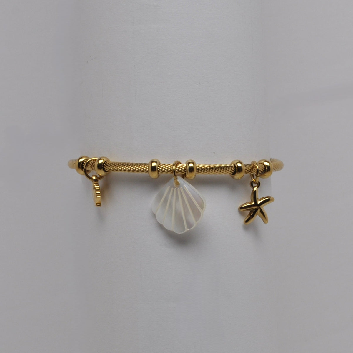 Twisted Cable Seashell And Starfish Charm Bangle Bracelet