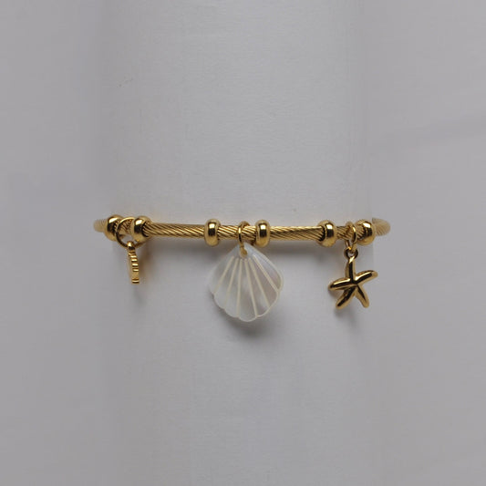 Twisted Cable Seashell And Starfish Charm Bangle Bracelet