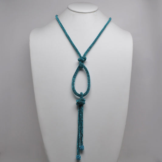 Woven Rhinestone Cord Dangle Tassel Necklace