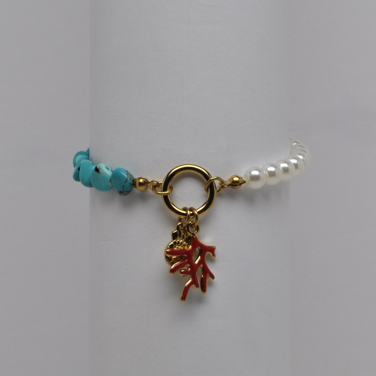 Split Pearl And Turquoise Nugget Coral Charm Bracelet