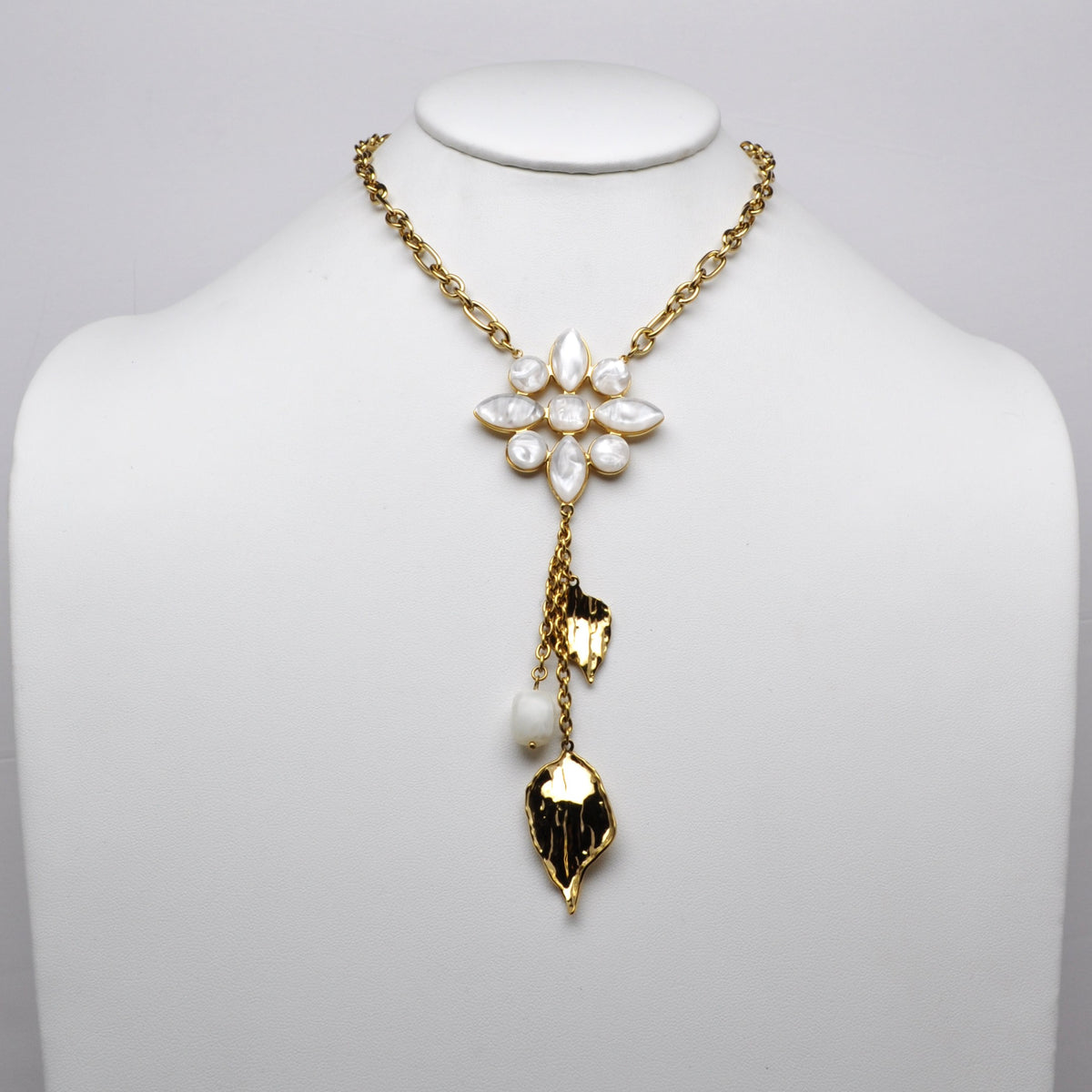 Stainless Steel Floral Marquise Cluster Leaf Drop Necklace