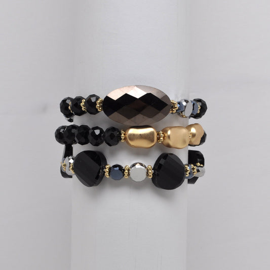 Faceted Geometric Bead Multi Layered Stretch Bracelet Stack