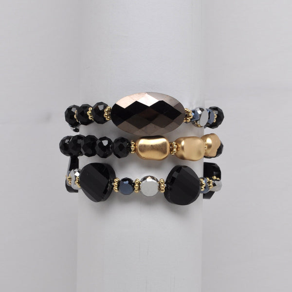 Faceted Geometric Bead Multi Layered Stretch Bracelet Stack