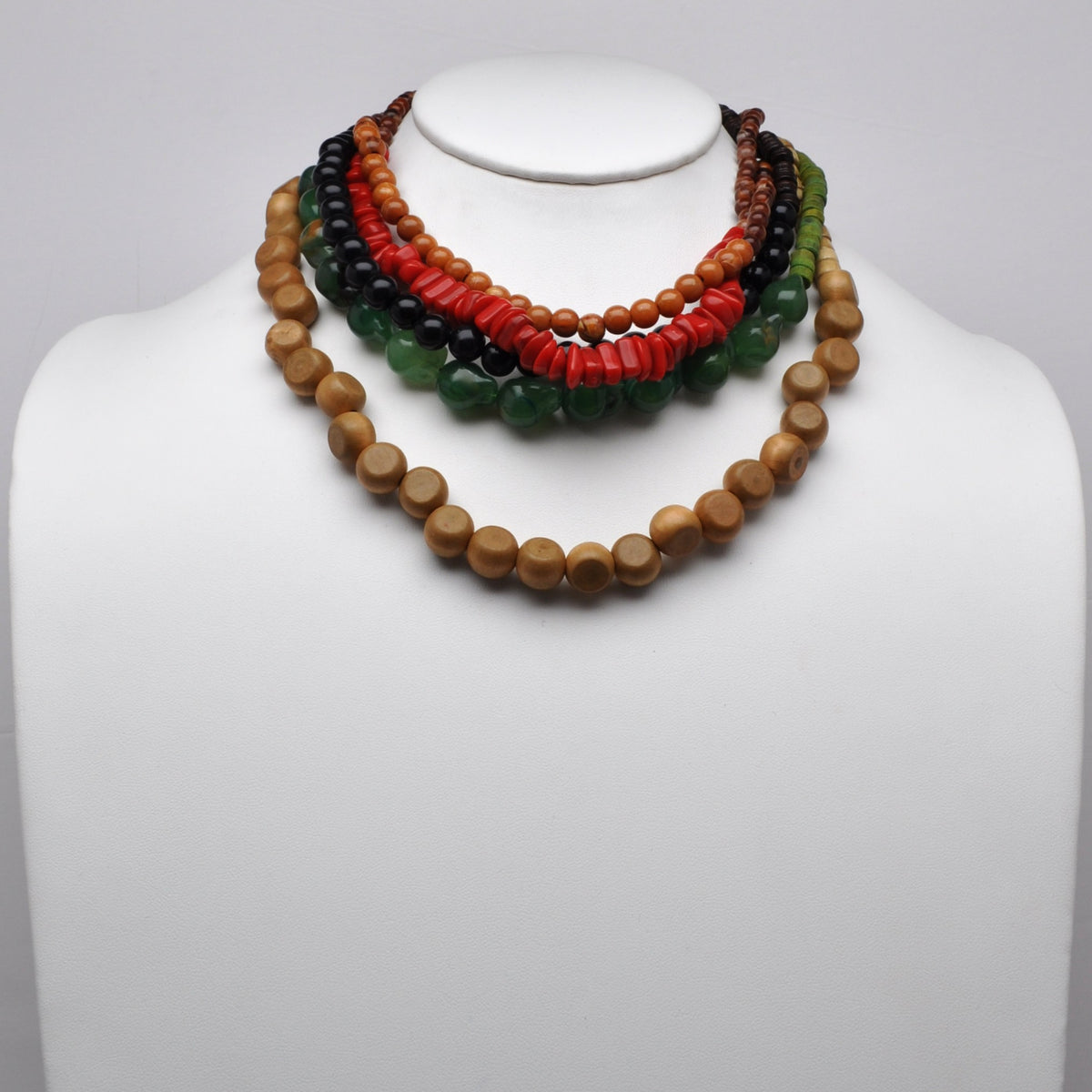 Multi-Strand Layered Wooden Bead Bib Necklace
