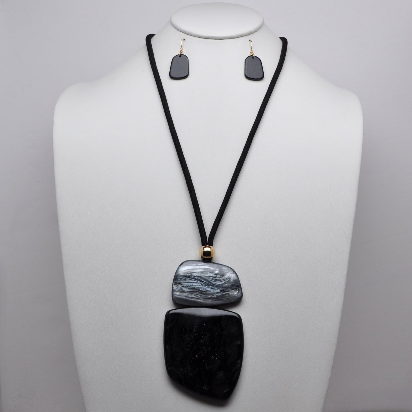 Layered Stone Lucite Pendant Cord Necklace Set