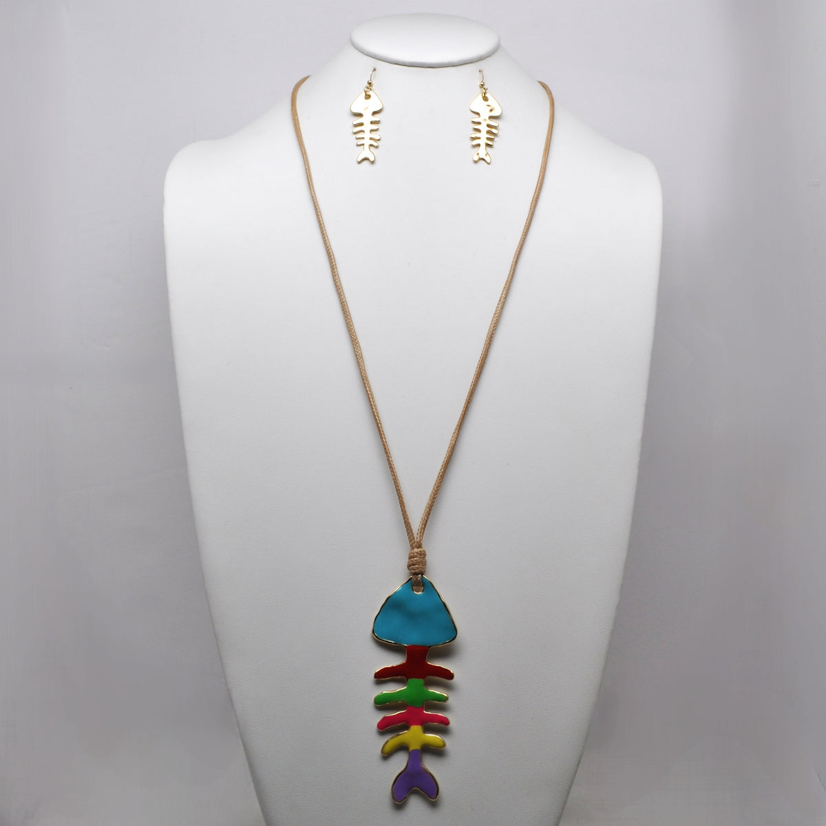 Fish Bone Pendant Cord Necklace Set