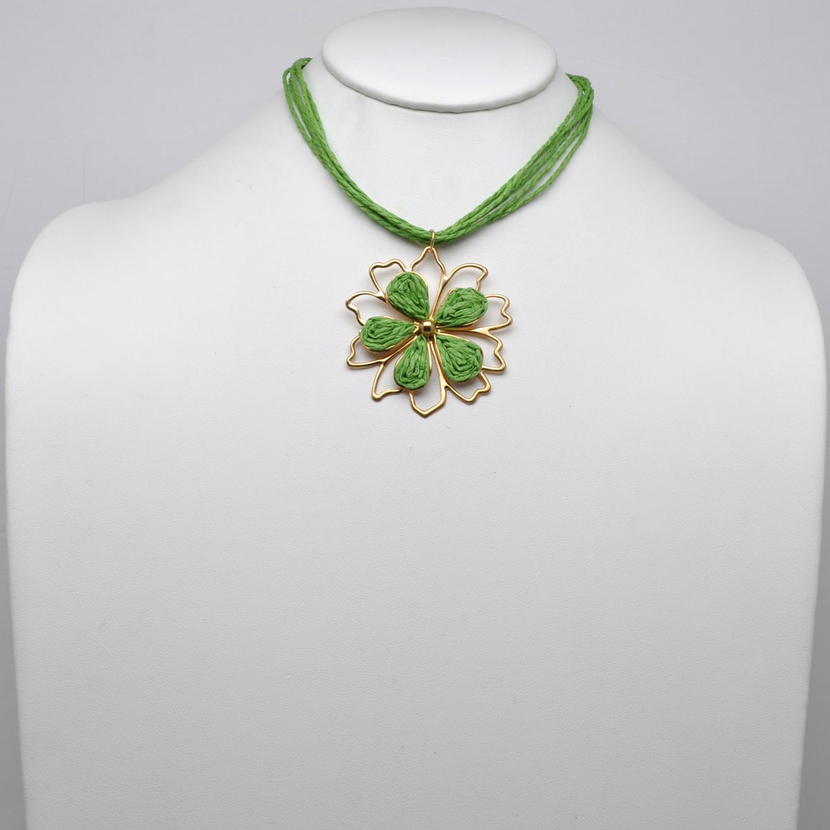 Woven Raffia Flower Pendant Cord Necklace