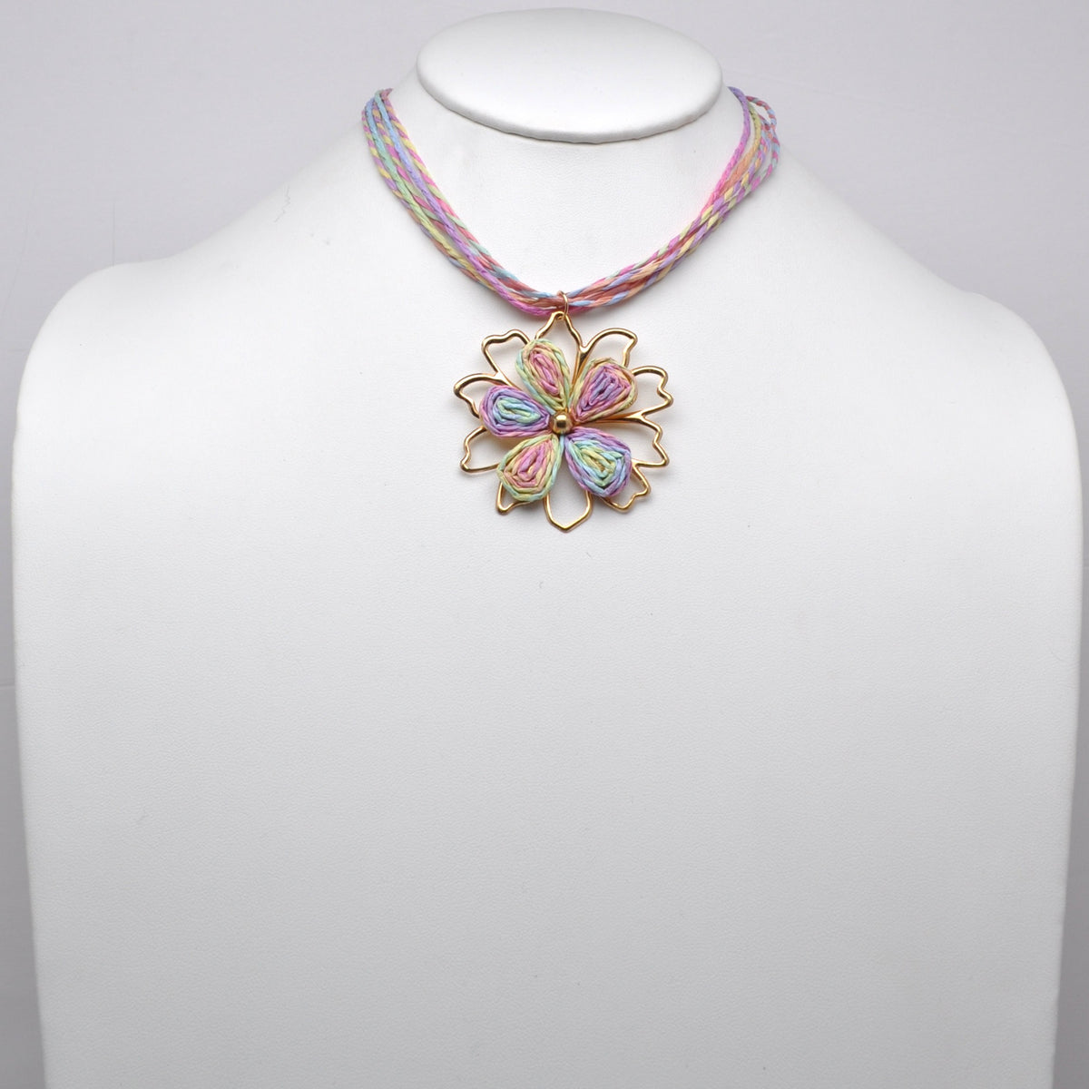 Woven Raffia Flower Pendant Cord Necklace