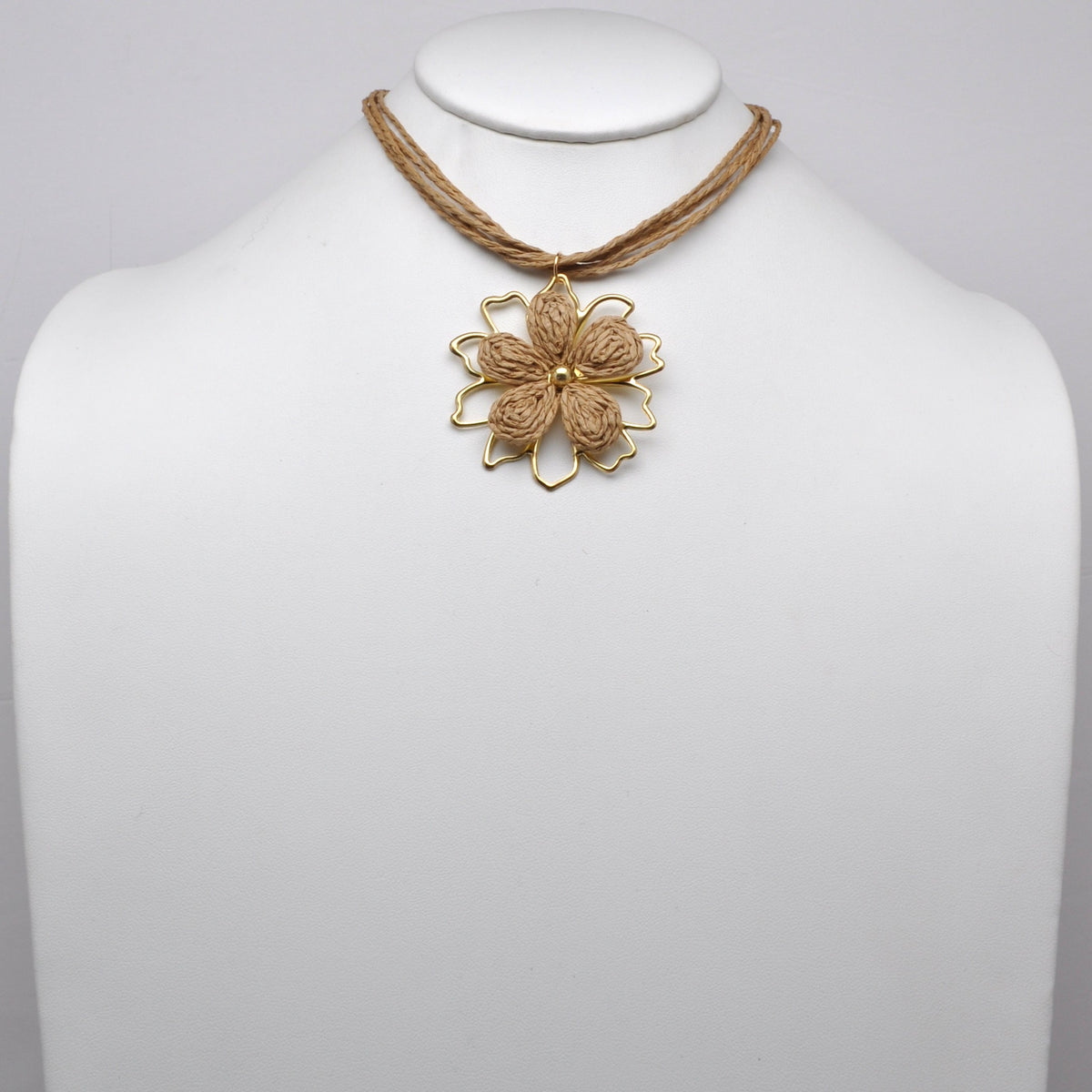 Woven Raffia Flower Pendant Cord Necklace