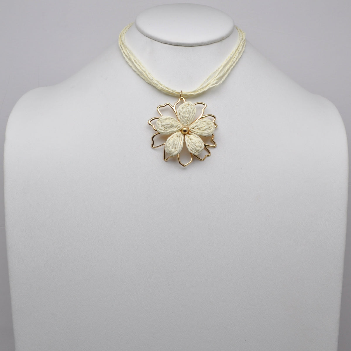 Woven Raffia Flower Pendant Cord Necklace