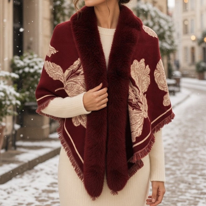 Faux-Fur Trimmed Jacquard Pashmina Wrap