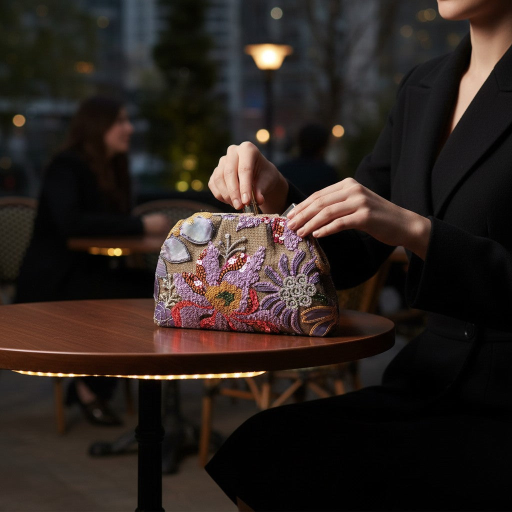 Botanical Sequins Magnetic Clasp Pouch Clutch