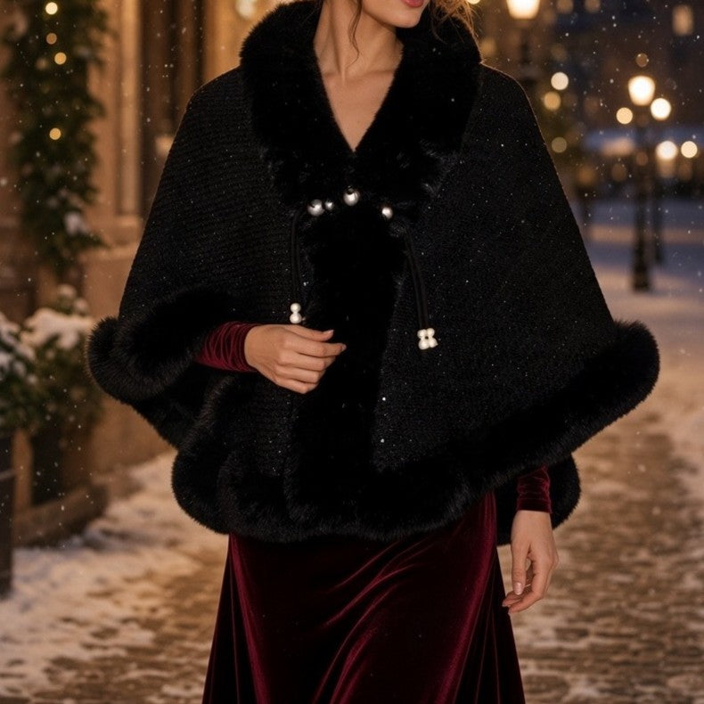 Faux Fur Cape Sequin Shawl