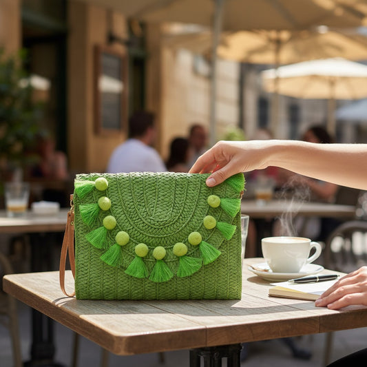 Wicker Envelope Pom Pom Clutch Purse