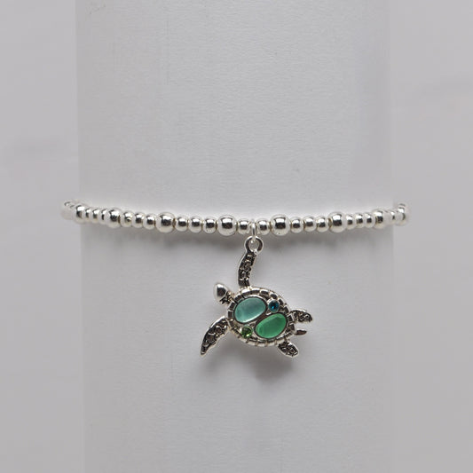 Stretch Nautical Sea Glass Turtle Pendant Bracelet