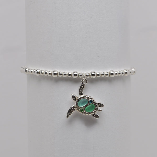 Stretch Nautical Sea Glass Turtle Pendant Bracelet