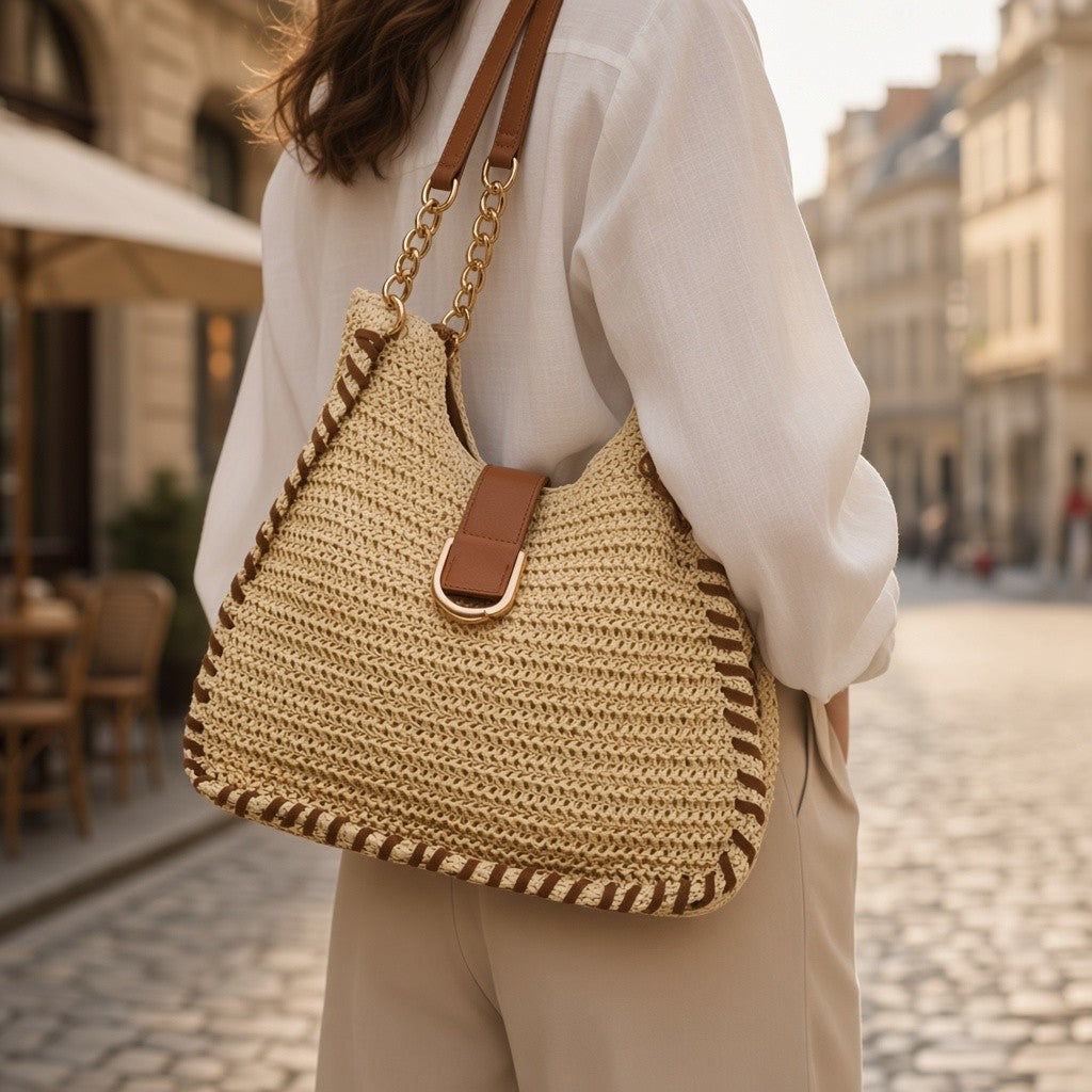 Woven Twine Chain Slouch Bag