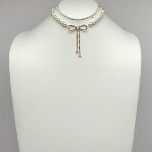 Pearl Crystal Bow Necklace