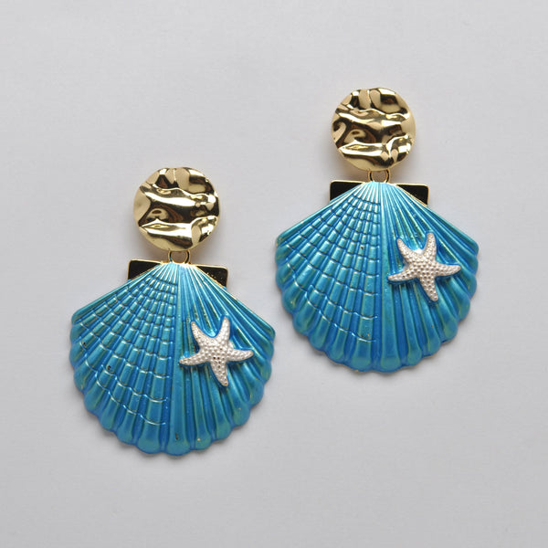 Enamel Coated Scallop Shell with Starfish Topper Earring