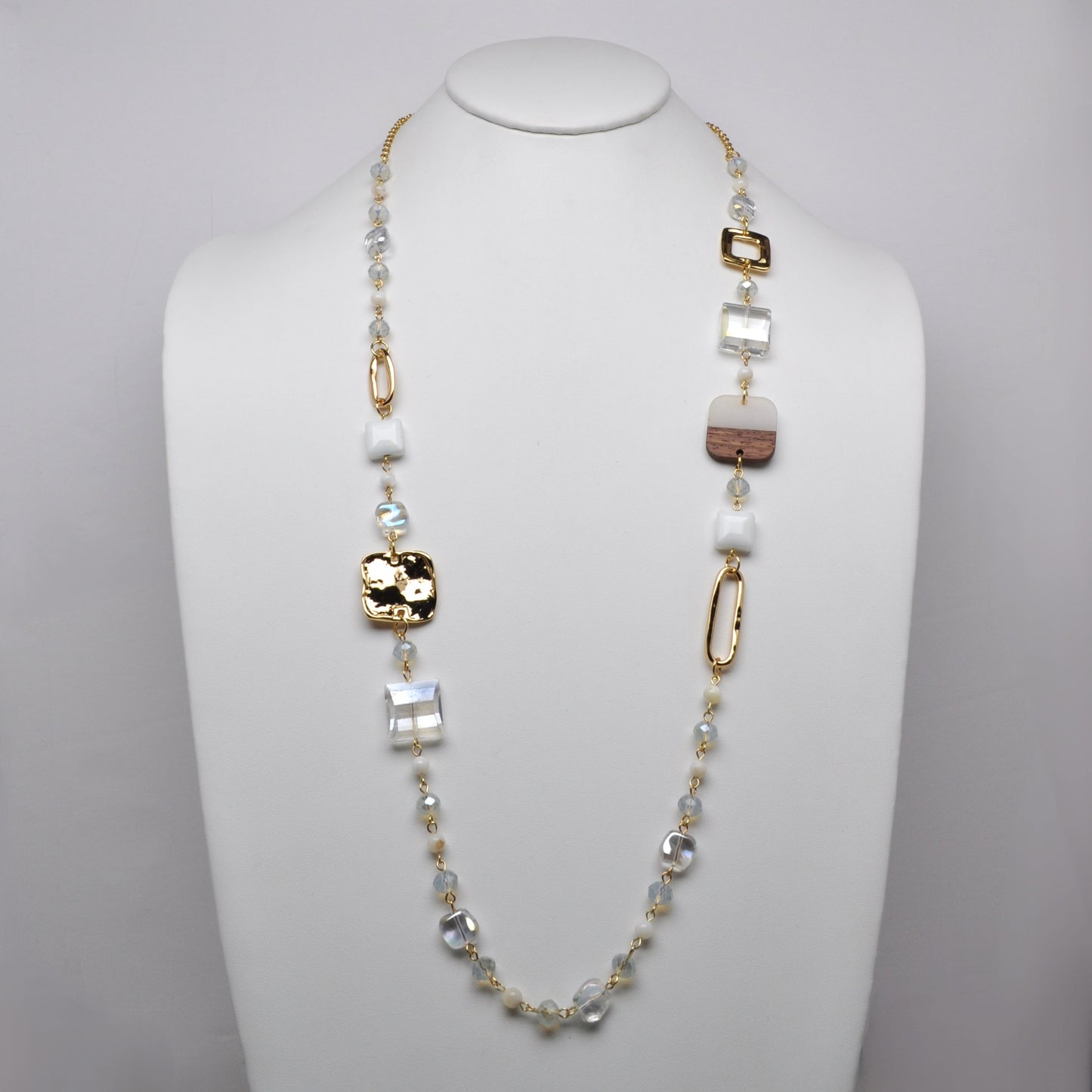 Long Crystal Mix Square Oval Metal Necklace