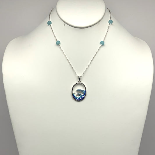 Beaded Dolphin Pair Wave Necklace