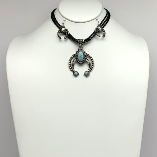 Short Three Strand Braided Leather Cords with Horseshoe shape Pendant with Turquoise Stones